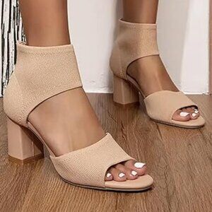 Women’s Beige Block Heel Ankle Strap Sandals
